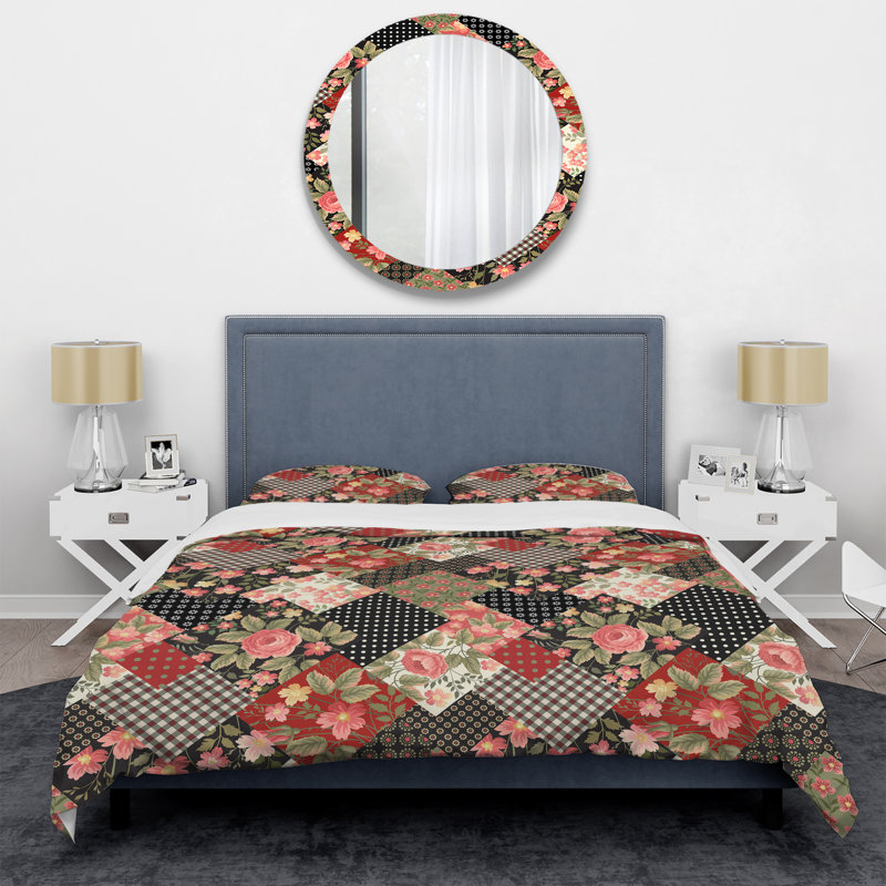 Patchwork de fleurs roses - ensemble de housse de couette abstrait - polyester microfibre