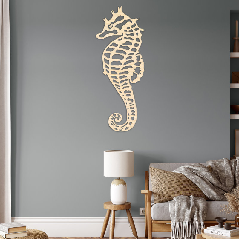 Décoration murale abstraite en forme d'hippocampe - Bouleau baltique naturel, H 32 po x l 12,3 po x P 0,25 po