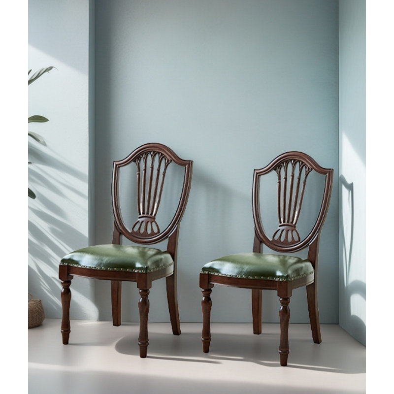Chaise de salle à manger avec revêtement américain antique en bois massif et cuir