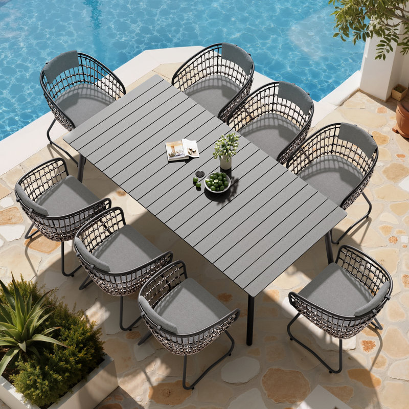 8 - Person Metal Patio Dining Set With Removable Cushions And Umbrella Hole, Gray Cushion/Dark Gray Table Top