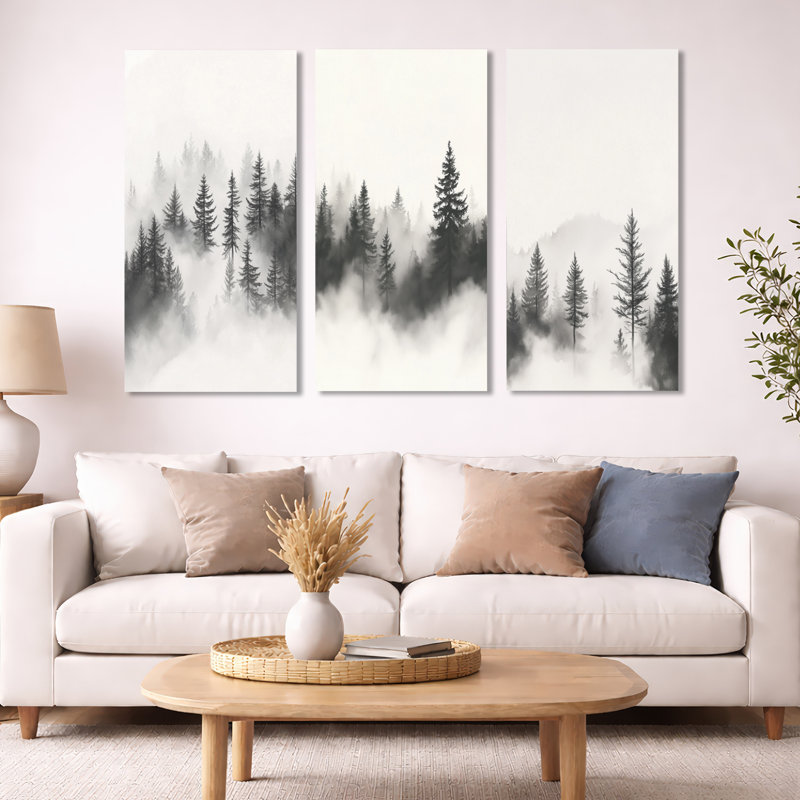 Art mural monochrome forêt - pins brumeux gris et blancs - forêt, H 32 po x l 48 po, Toile tendue