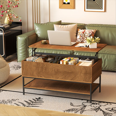 Table basse à plateau relevable rectangulaire de 39,4 pouces de style campagnard avec rangement caché et tablette inférieure, pieds en acier robustes, assemblage facile pour le salon, brun rustique