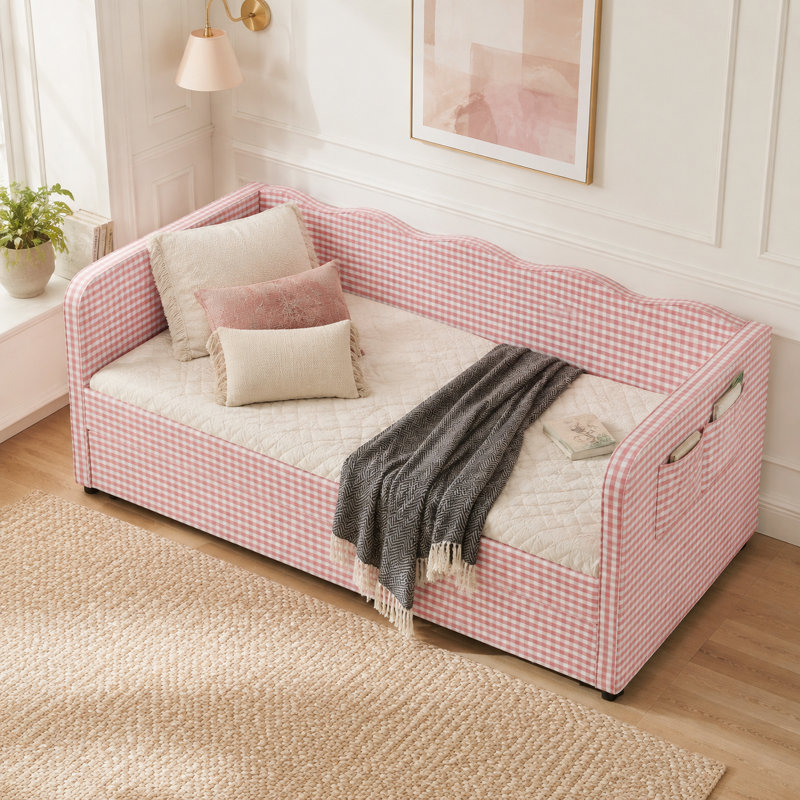 Lit de jour double rembourré Elowavelle de 82 po avec lit gigogne escamotable, tissu vichy et poches de rangement latérales