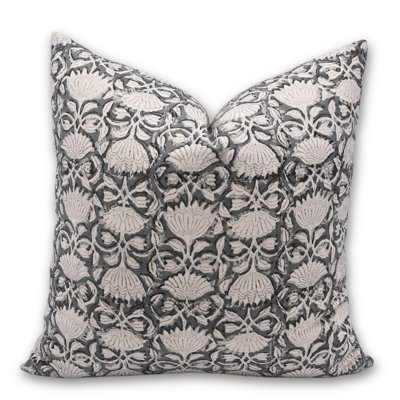 Boho Block Print Pillow Cover Gray Cotton Throw Cushion for Sofa, Bedroom, Couch-20x20 Inch