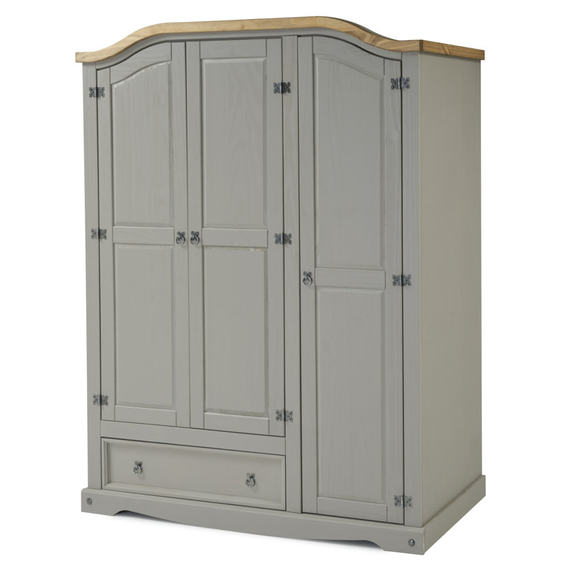 Gwenillian 3 Door Solid + Manufactured Wood Wardrobe, Distressed Grey Wax
