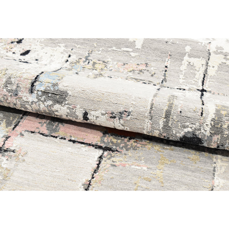 Hand Knotted Abstract Area Rug in Beige/Black/Gray/Pink, Rectangle 8' x 10'