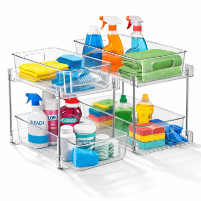Organisateurs de nettoyage coulissants à 2 niveaux Sorbus, paquet de 2 tiroirs de rangement transparents pour articles ménagers et de nettoyage pour salle de bain, cuisine, armoire et sous l'évier, bacs de rangement utilitaires