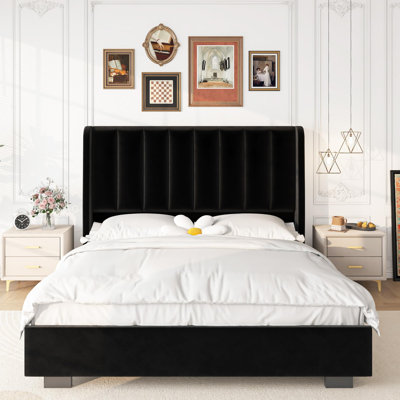 Structure de lit grand format avec rangement relevable et tête de lit à oreilles de 51 po de hauteur, lit plateforme tapissier en velours avec levage hydraulique, aucun sommier requis, support à lattes de bois, noir