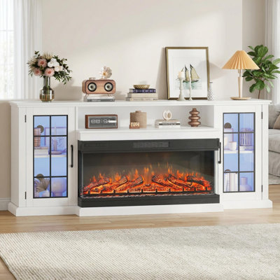 Meuble télé 75 po pour foyer électrique, centre de divertissement panoramique en verre à 3 côtés avec foyer pour téléviseur de 85 po ou moins, 12 couleurs de flammes et beaucoup de rangement, blanc