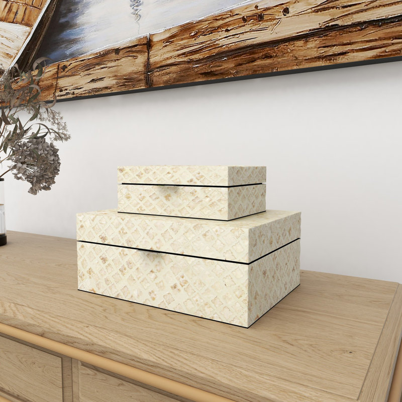 Distressed Beige Handmade Wood Lidded Decorative Boxes