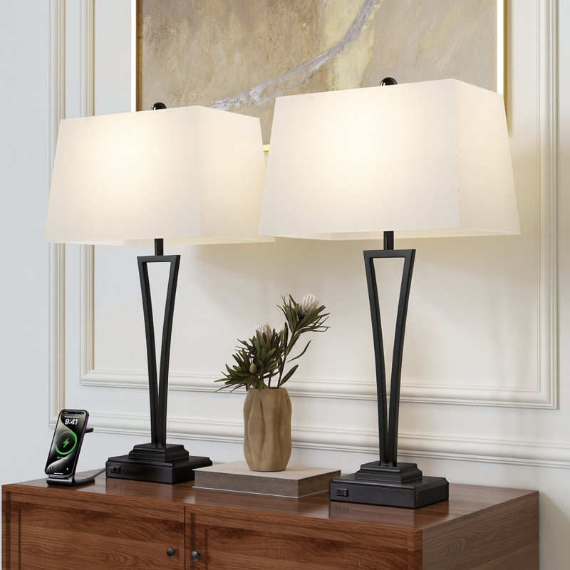 Burholme 30.5" Modern Industrial Metal Table Lamp with USB+Type-C Charging for Bedroom and Living Room, Black