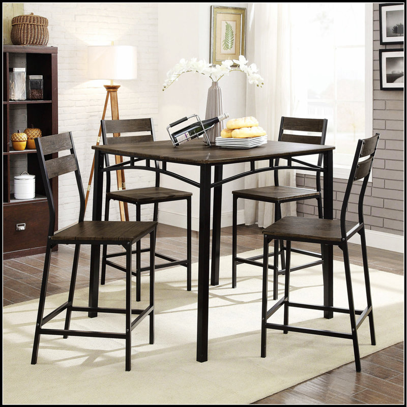 Ensemble de salle à manger de style industriel 5 pièces brun antique avec table à hauteur de comptoir et 4 chaises hautes, fabrication en métal durable