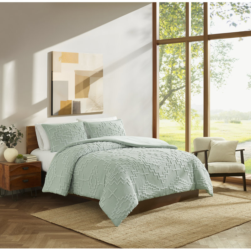 Kiva Steps Comforter Set Sky Gray Queen, Queen Comforter + 2 Shams, Green