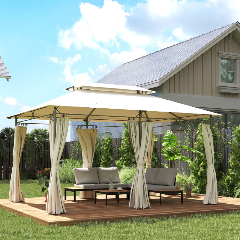 Patio Gazebo, Double Roof Outdoor Gazebo Canopy Shelter with Curtains, Solid Metal Frame for Garden, Lawn, Backyard and Deck, Cream White