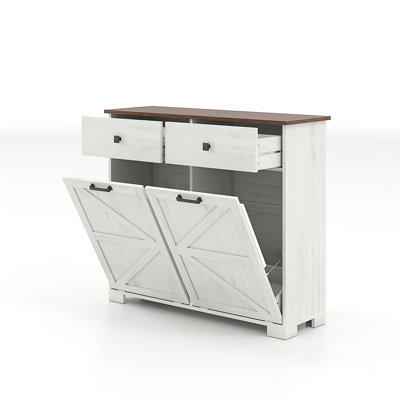 Farmhouse Double Tilt Out Trash Cabinet For 20 Gallon Trash Cans, Free Standing Recycling Cabinet With Hideaway Drawer, Barn Door Style Laundry Sorter Cabinet, Tilt Out Trash Cabinet For Kitchen