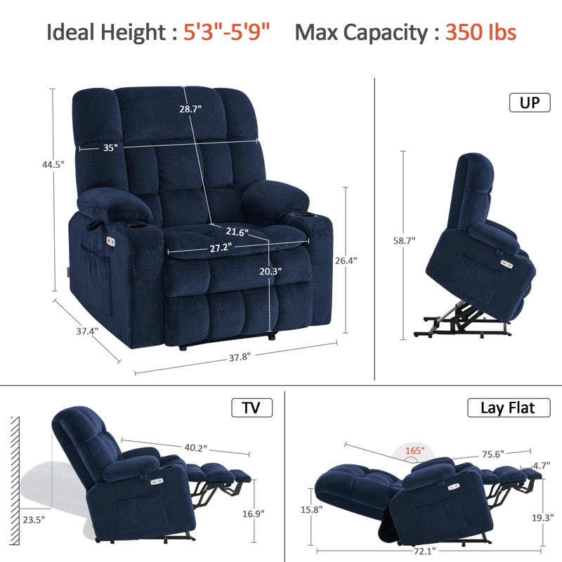27.2" Seat Width Dual Motor Power Recliner Lift Chair with Massage and Heat, Infinite Position, Fabric, Navy