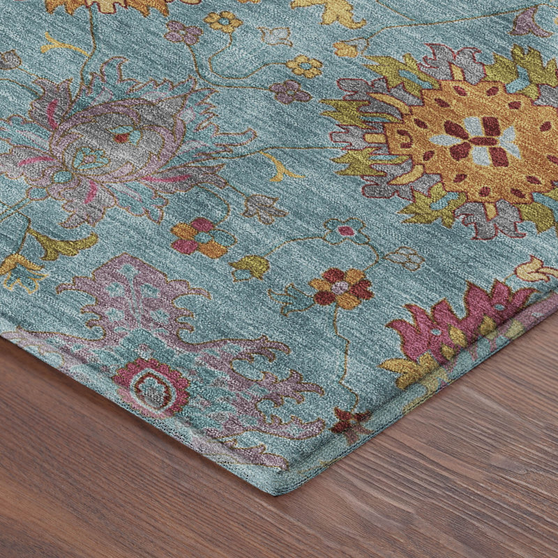 Tapis damassé de qualité supérieure Mayfield AMF2288, Bleu sarcelle, Rond 8 pi