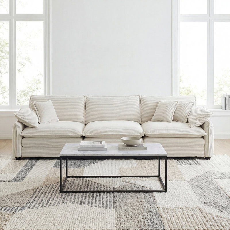 Mid-century Modern 3-seater Sectional Sofa With 2 Arm Pillows And 3 Throw Pillows, Beige