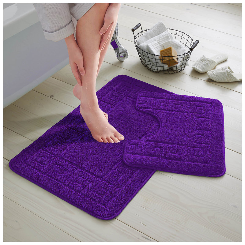 2 Piece Bathroom Rug Set Greek Key Pattern Bath Mat & Pedestal Mat Non Slip Rubber Back Soft Absorbent Mats, Purple