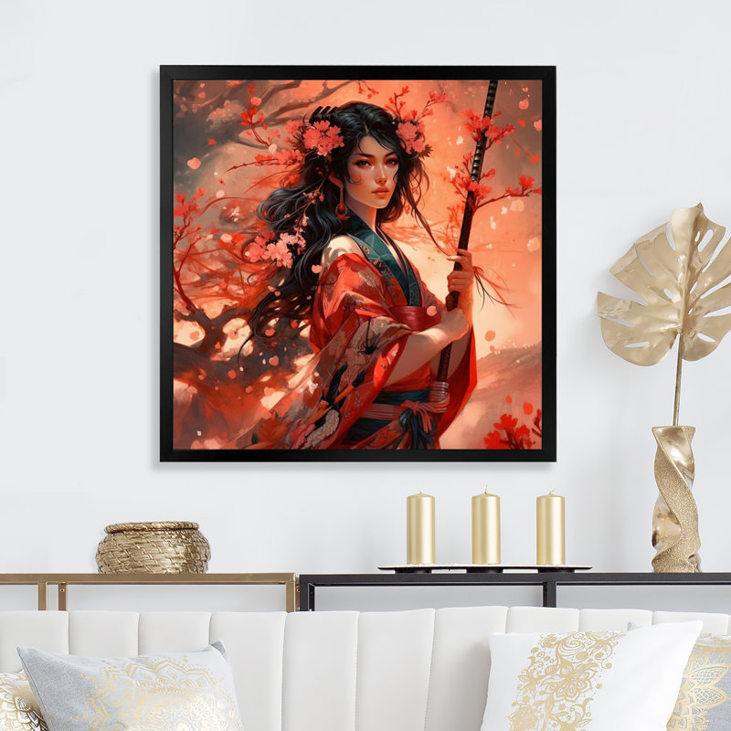 Beauté florale de Samouraï I, Toile encadrée noire à coins fermés, H 16 po x l 16 po x P 1 po