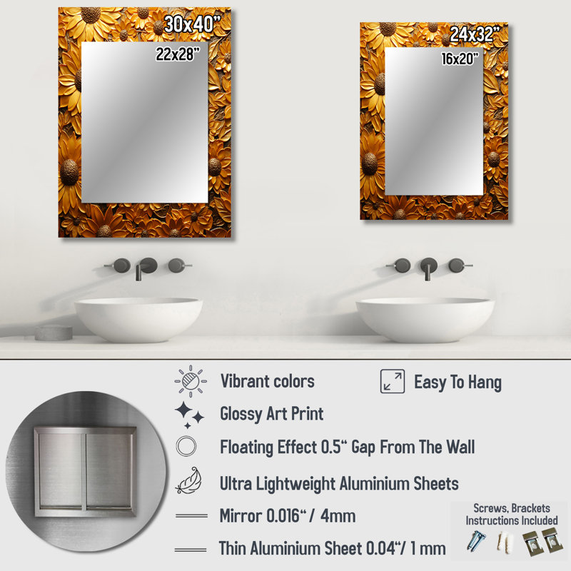 Golden Radiant Sunflower Blooming - miroir décoratif tournesol, grand miroir mural traditionnel, impression d'art en métal