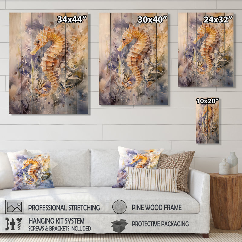 Watercolor Seahorse Bloom - Modern Wooden Wall Art On Natural Pine Wood, 20" H x 10" W