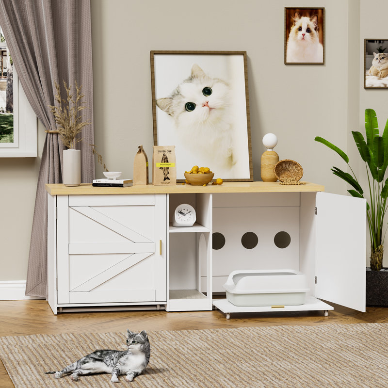 Hidden Cat Litter Box Enclosure & TV Stand for 2 Cats