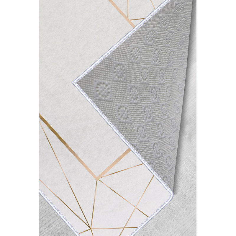 Saoirse Geometric Machine Made Flatweave Polyester Area Rug in White/Gold, Rectangle 5'3" x 7'7"