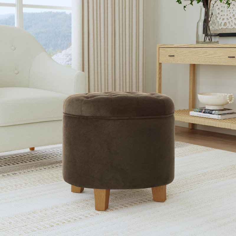 Round Button-Tufted Storage Ottoman, Chocolate Velvet