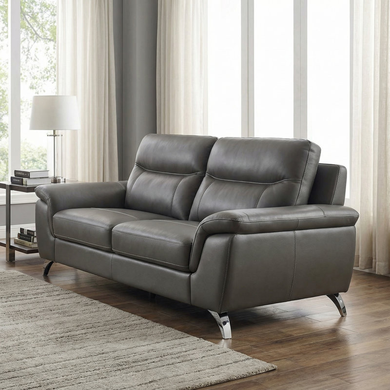 Chicago Genuine Leather Sofa, Dark Grey 79", Gray Genuine Leather