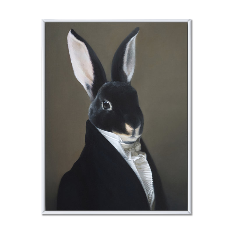 Portrait d'un lapin habillé - Peinture sur toile, H 32 po x l 16 po x P 1 po, Cadre flottant blanc