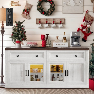 63"w Wood Sideboard Buffet With2 Large Drawers & 4 Transparent Doors, Farmhouse 4 Doors Storage Cabinets With Charging Station And Led Light, Tv Stand For 75” Tvs With Adjustable Shelves