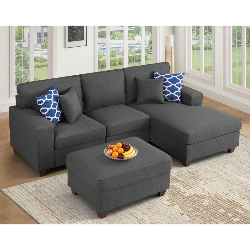 Canapé modulaire rembourré faisant face à la droite de 94 po avec 4 coussins décoratifs Plessis, Lin gris foncé