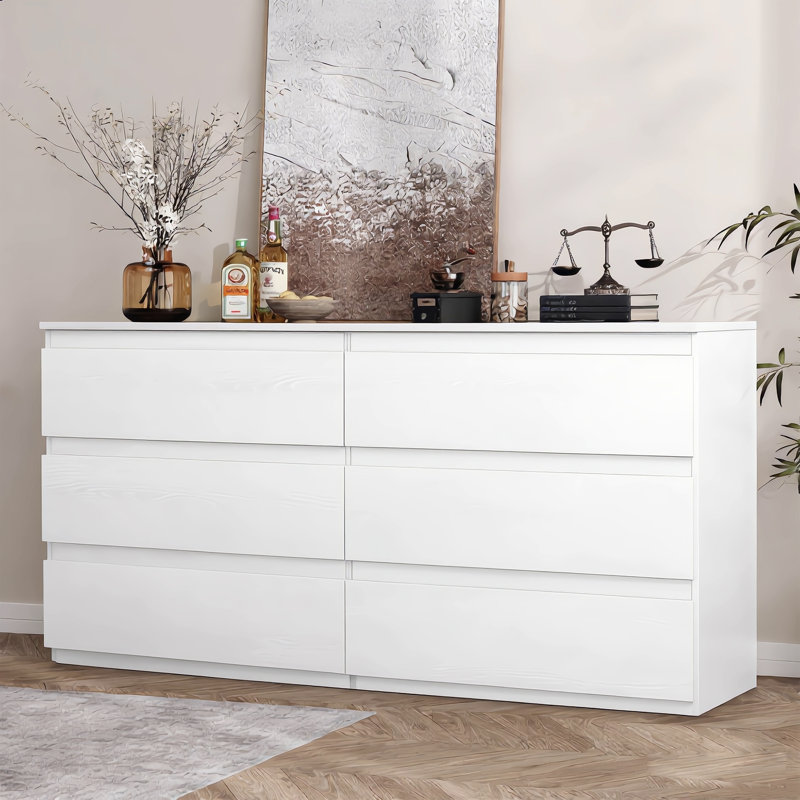 Commode double blanche à 6 tiroirs, commode moderne en bois de 78,5 cm de large avec tiroirs profonds pour chambre à coucher
