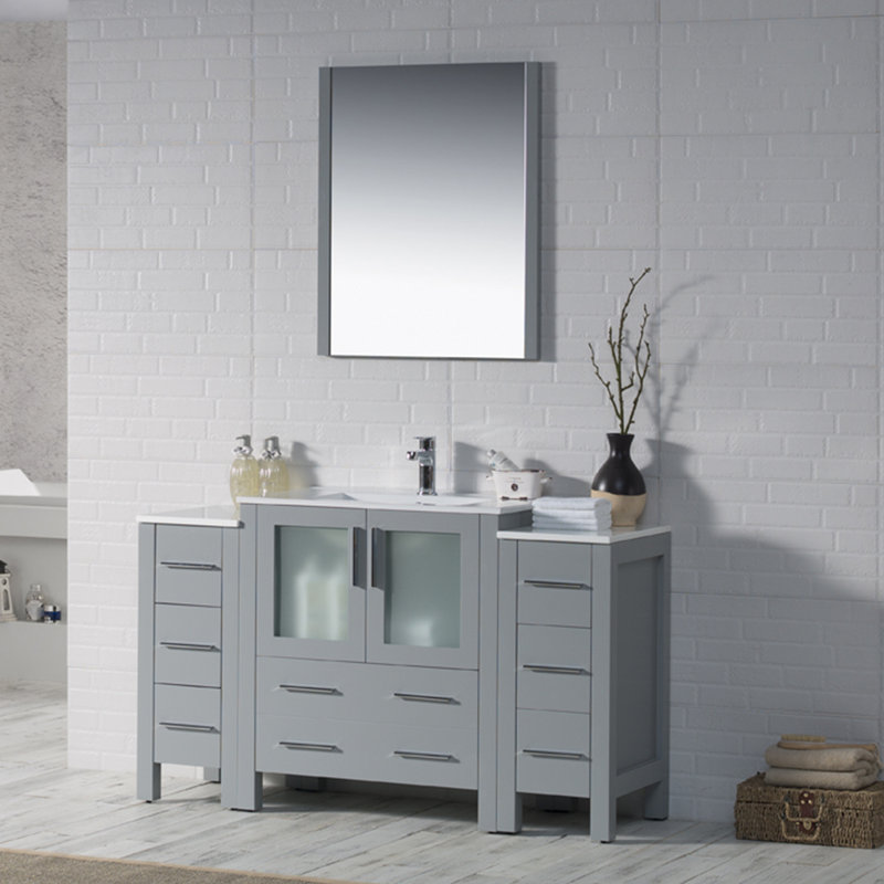 Ensemble de meuble-lavabo de salle de bain simple avec miroir 54 po Mance, Gris métallique