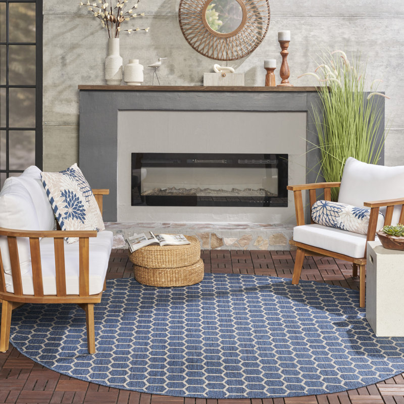 Canete Geometric Reversible Indoor/Outdoor Area Rug in Blue, Round 8'