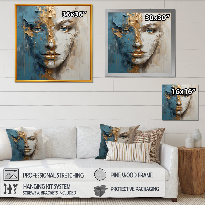 Portrait de méditation femme dorée et bleue - Estampes abstraites encadrées, Cadre flottant noir, H 16 po x l 16 po x P 1 po