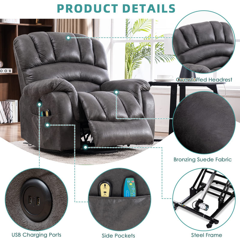 Meetwarm Large Power Lift Heavy Duty Overstuffed Wide Electric Recliner Chair, Gray Microsuede