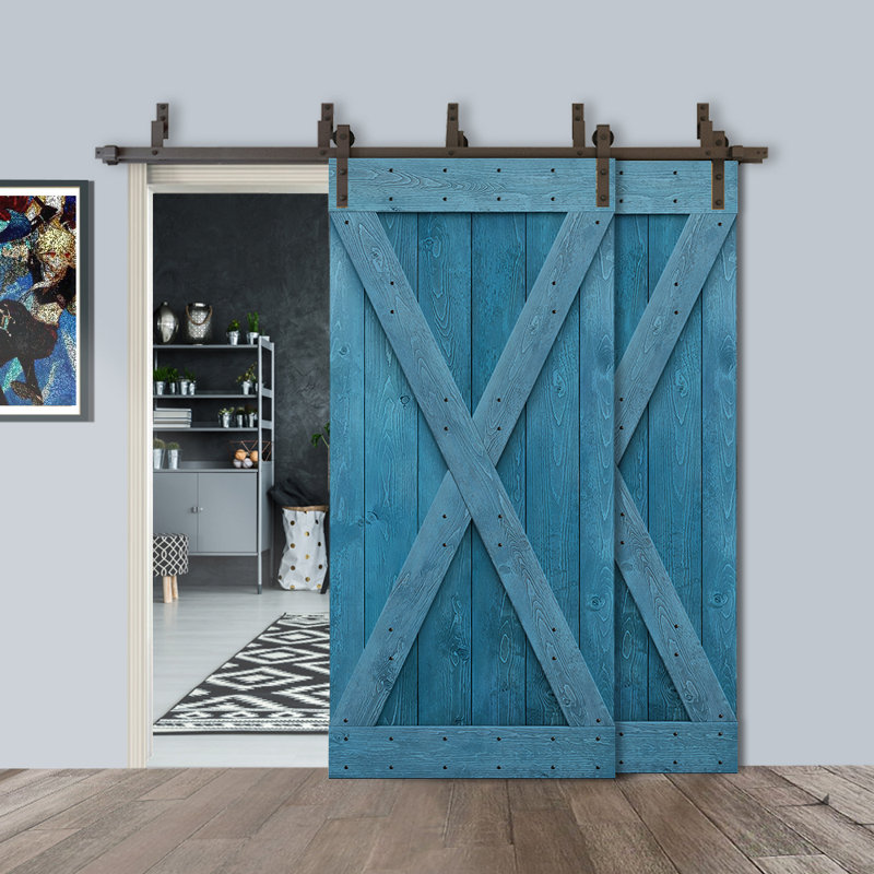 Porte de grange double à panneaux en bois teinté à panneau avec ensemble de quincaillerie coulissante, 52 po x 84 po