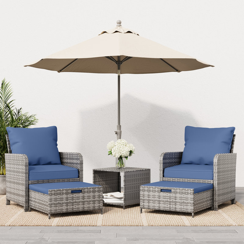 Idamarie Wicker Conversation Set with Ottoman, Blue, Gray