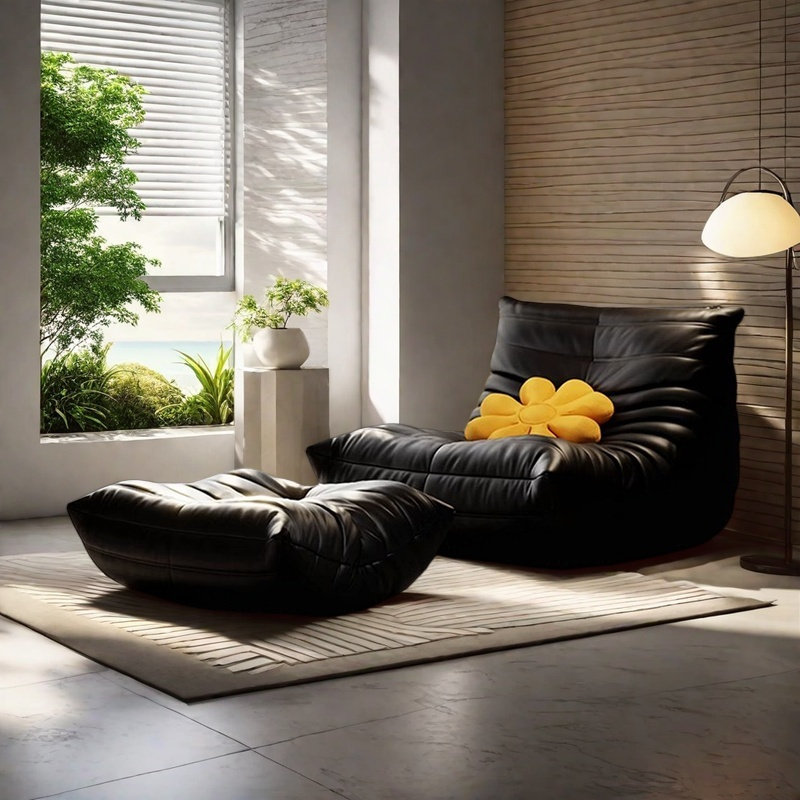 Canapé rétro rétro chenille, Cuir véritable noir