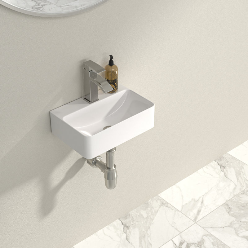 White Ceramic Rectangular Wall-Mount Bathroom Sink with Faucet Hole