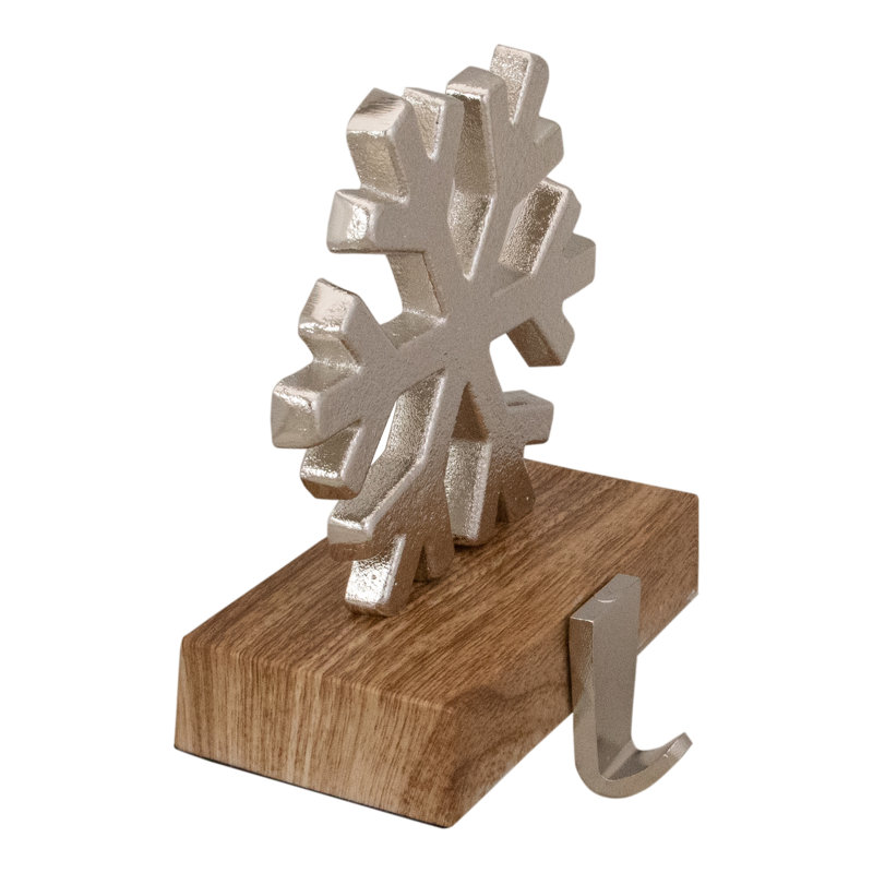 Silver Snowflake on Wood Look Base Christmas Stocking Holder