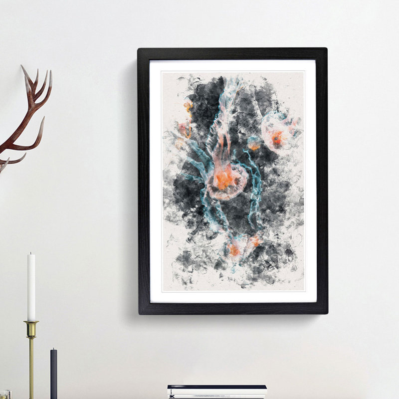 Peach Jellyfish - Framed Print, 33cm H x 24cm W x 2cm D, Black Framed