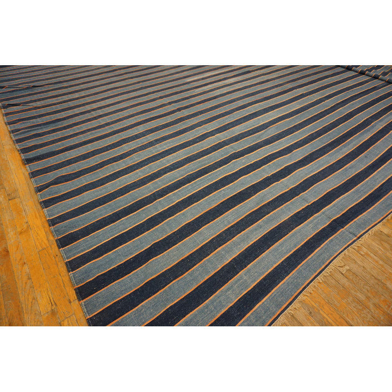 Grand tapis tissé à plat à rayures bleues Dhurrie