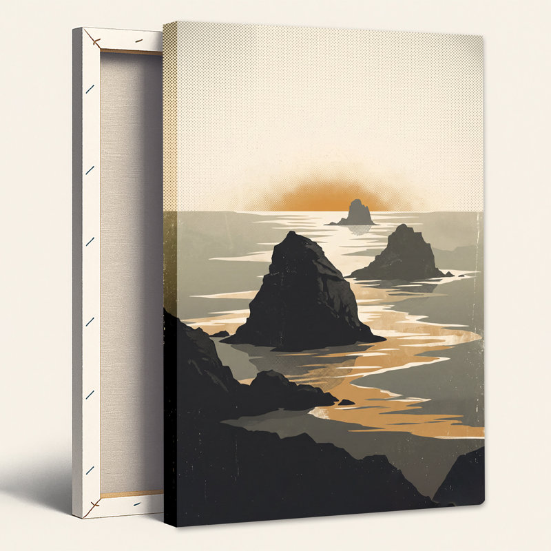 Silhouette de roches océaniques au coucher du soleil, H 36 po x l 24 po
