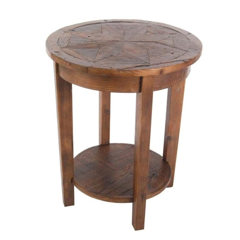 Inola Wide Rustic Industrial Antique Wooden Round End Table With 1 Open Shelf