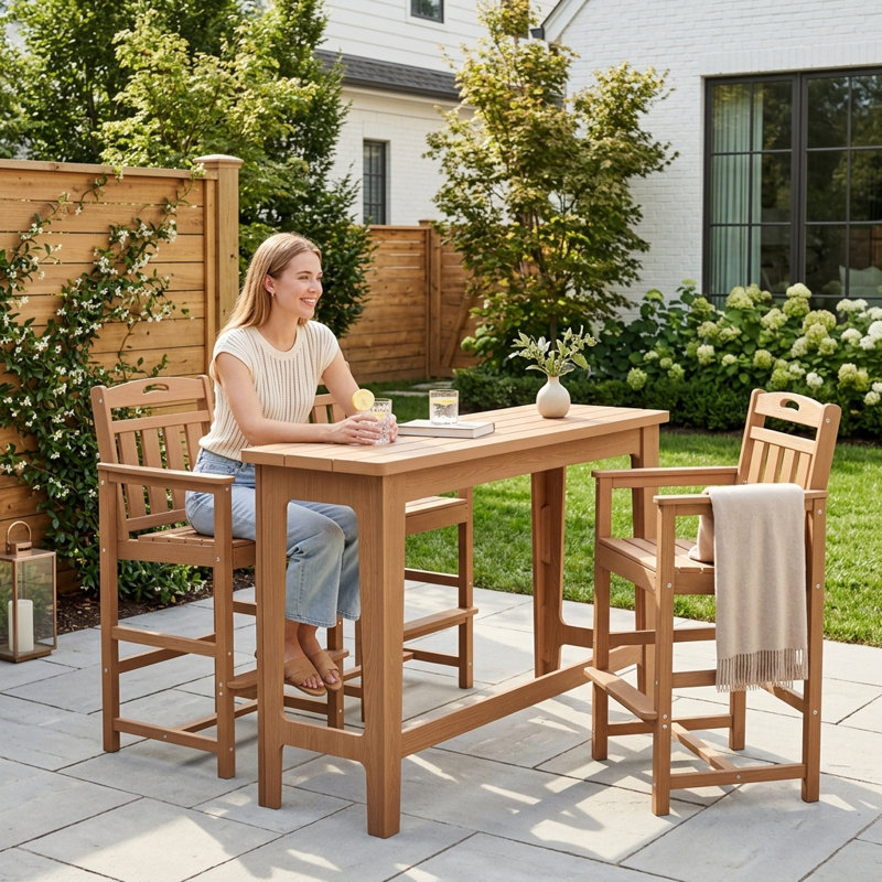 3 Pieces Outdoor Patio Bars Set  with Rectangular Table and HDPE Chairs, Teak