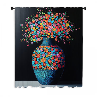 Vase, rideaux à motif floral et voilage - 1 panneau