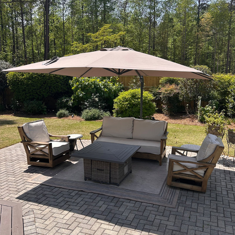 Grand parasol rectangulaire extérieur en porte-à-faux décalé en aluminium 108 po x 138 po avec base et rotation à 360 degrés